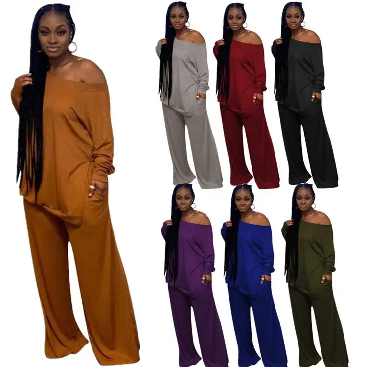 

New Arrivals 2021 Off Shoulder Flared Trousers Women's Plus Size Casual Two Pieces Set With Polyester Fiber