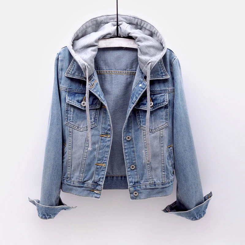 

Vintage Denim Jacket Women Autumn Coat Ripped Hooded Outerwear Coats Windbreaker Basic Boyfriend Female Jeans Jacket Plus Size