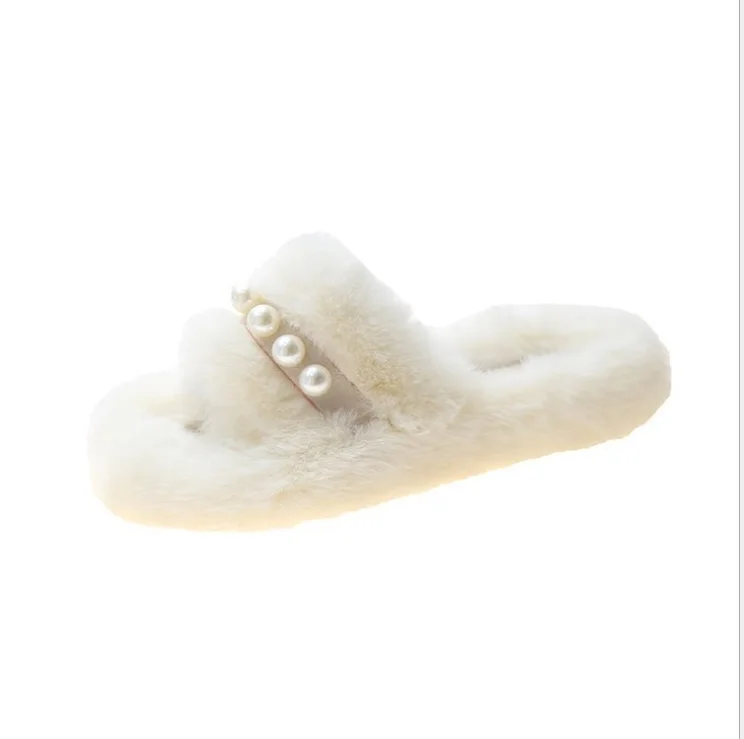 

2022 new arrivals summer sexy women's flat casual home fur slippers fluffy pearls ladies shoes, Black,beige,khaki,green