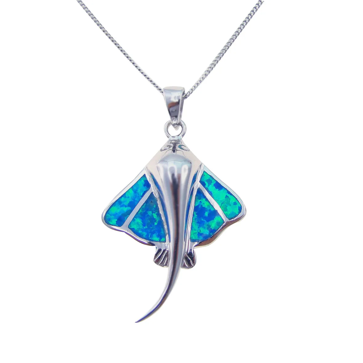 

925 Sterling Silver Created Blue Opal Manta Ray Pendant Charm Necklace Gemstone Sea Life Fine Jewelry Gifts For Women