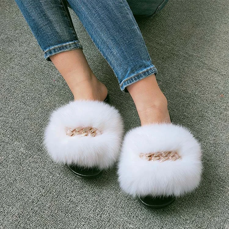 

Best Selling Fashionable Big Fluffy Fur Slides Real Fox Fur Slides Slippers
