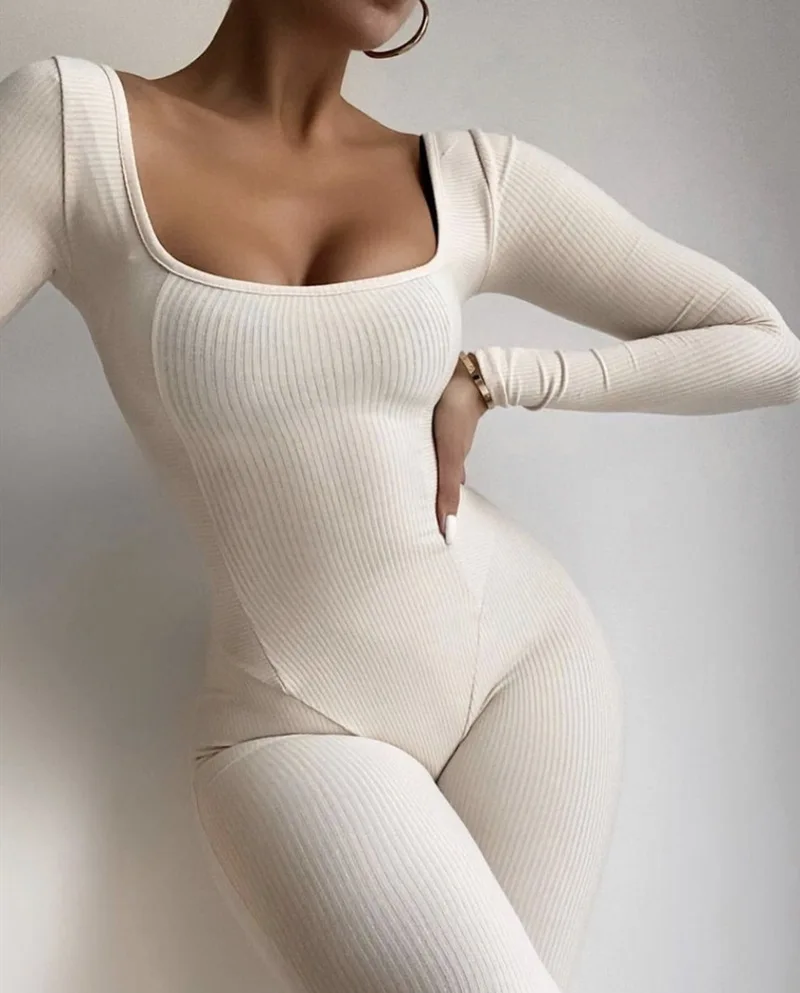 

Casual Ladies Yoga Workout Bodysuit Sexy Long Sleeve Bodycon Knitting Fall Womens Jumpsuits, Picture color