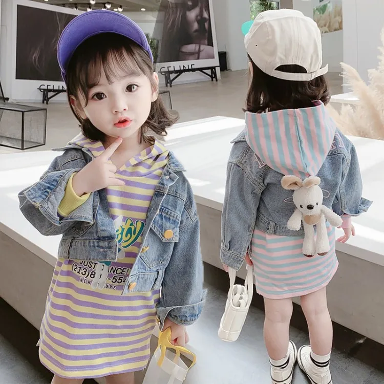 

Wholesale toddler girls clothing set boutique doll bear denim jacket with striped hoodie dress 2 pcs Clothing set for kids, Picture shows