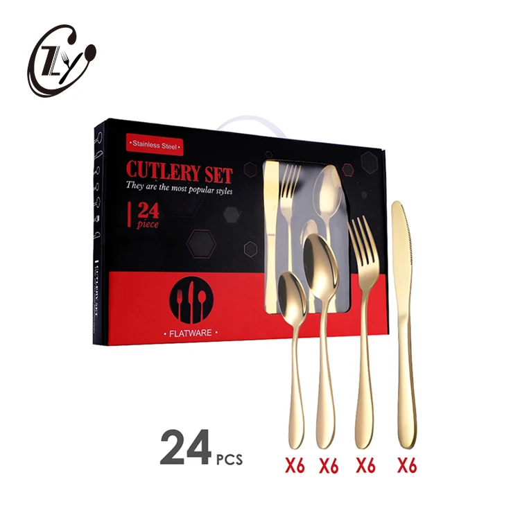 

Cheap Promotional Gold Plated Cutlery Sets Laser Logo Stainless Steel 24 Pieces Flatware Sets With Black Gift Box, Silver/gold/rose gold/rainbow/black