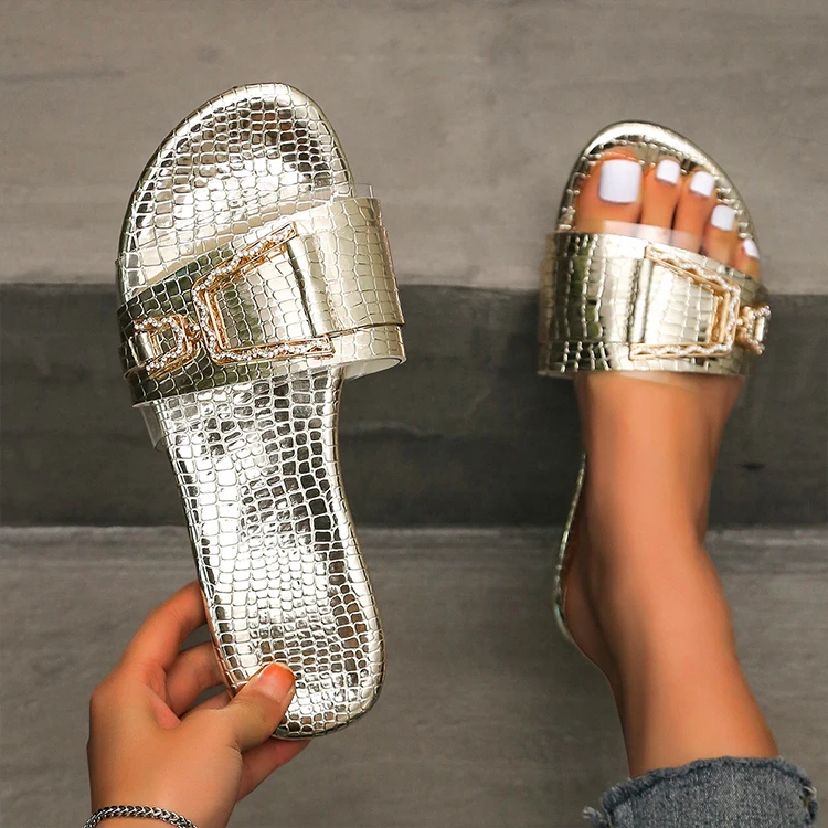 

Summer 2022 Large Size Outdoor Slides Flat Rhinestone Slides Black Metal Buckle Sandals Plus Size Slippers For Beach