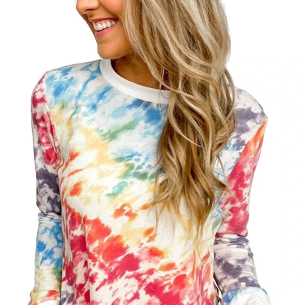 

Autumn and winter cross-border women's tie-dye printing gradient color round neck long sleeve t-shirt women