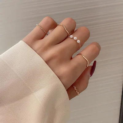 

Fashion Korean Gold Plated Ring Set Simple Pearl Wave Shaped Thin Ring Set Women, As picture shows