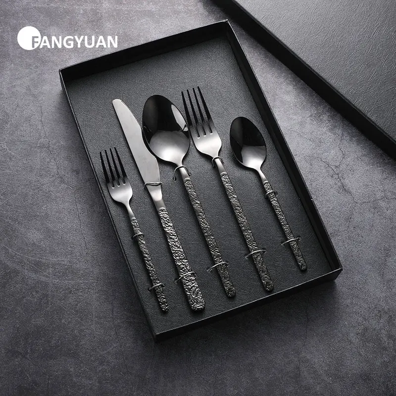 

FANGYUAN wedding hammerred handle stainless steel black cutlery gold flatware set