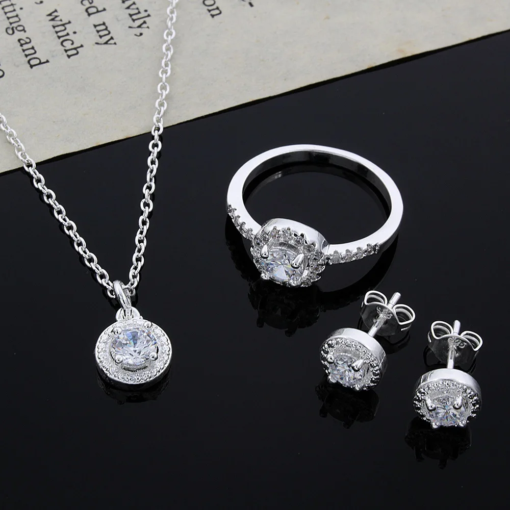 

2021fashion elegant 925 Sterling silver Cute Solid Christmas gift shiny crystal necklace earring ring zircon jewelry Set