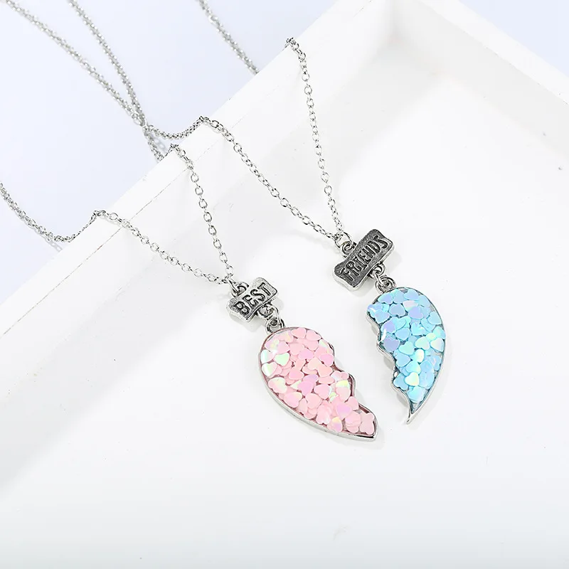 

JOJO Fashion 2pcs/set Cute Colored Sequined Best Friends Forever BFF Half Love Heart Pendant Necklace For Kids