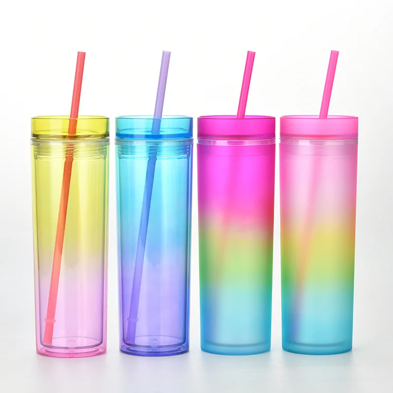 

450ML Gradient Straight Custom Portable Double Layer Plastic Straw Water Cup Girl Color Changing Water Cup, More colors (please remark)