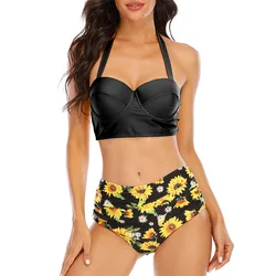 Swimsuit lady sunflower print bikini split high waist swimsuit