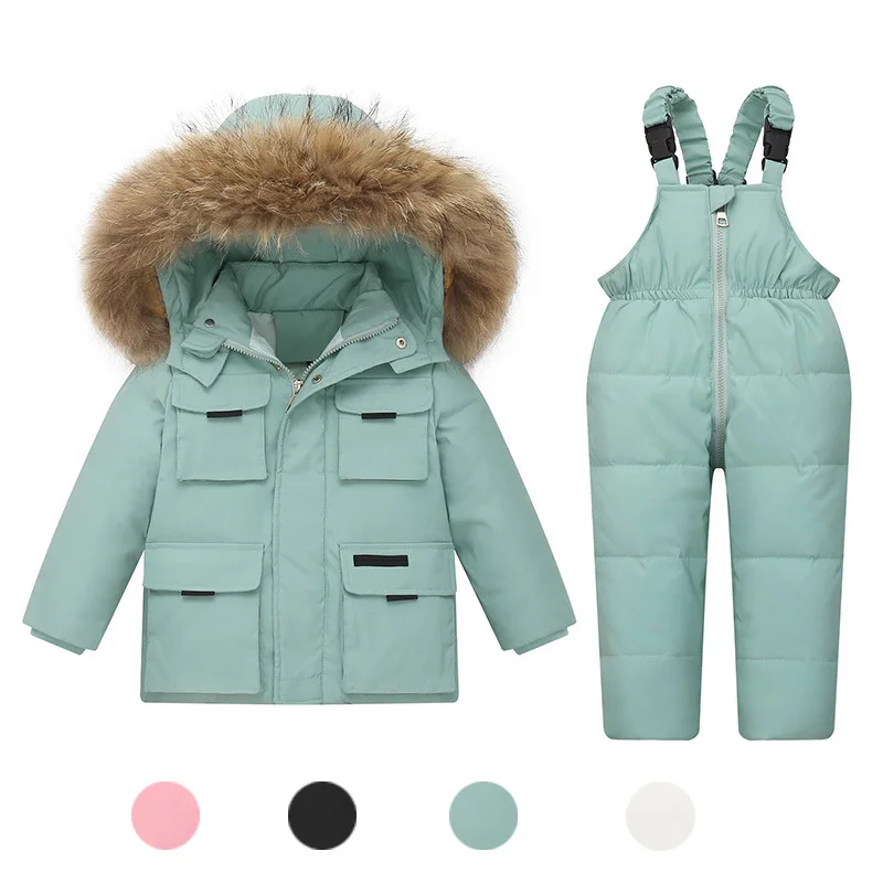 

Fur Collar Baby Parkas Children Outerwear Winter Down Snowsuit Overalls And Overlls Children Warm Light Coat For Boys Girls