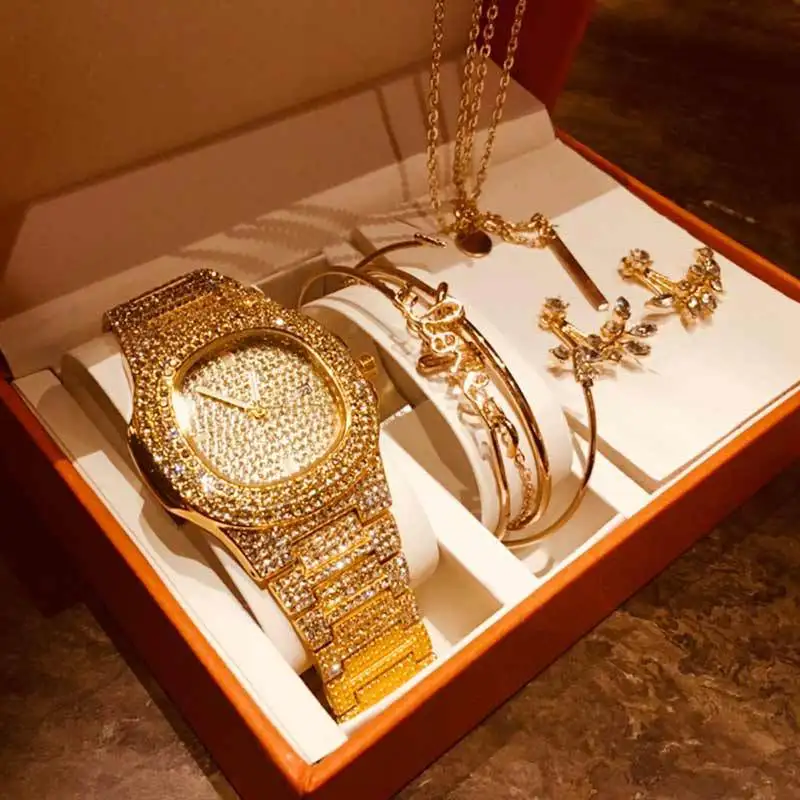 

New Design Ladies Diamond Quartz Watches Bracelets Luxury Earrings Necklace Gifts Set For Women