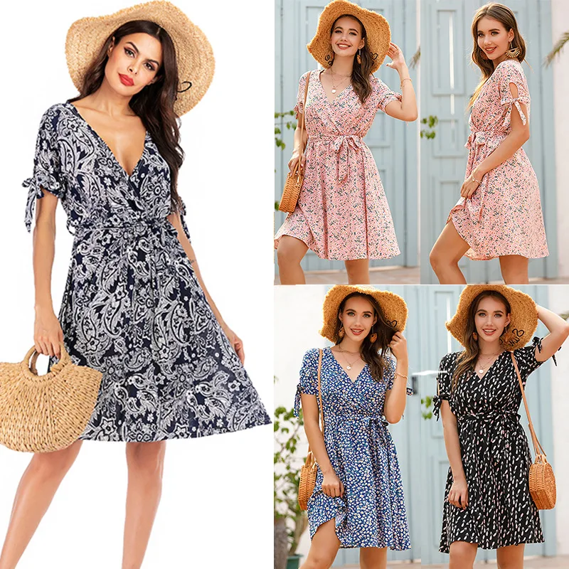 

Springway 2021 Summer New Products Chiffon Floral Girls Dresses V-neck Short Sleeved Casual Dresses Women With Bow Tie, Navy,black,pink,blue