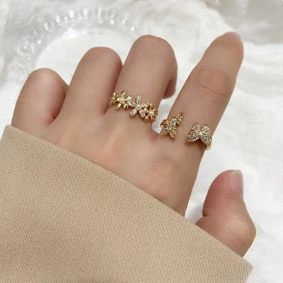 

Korean Fashion 18k Gold Plated Micro Pave CZ Flower Rings Open Pearl Crystal Rhinestone Butterfly Finger Rings For Women