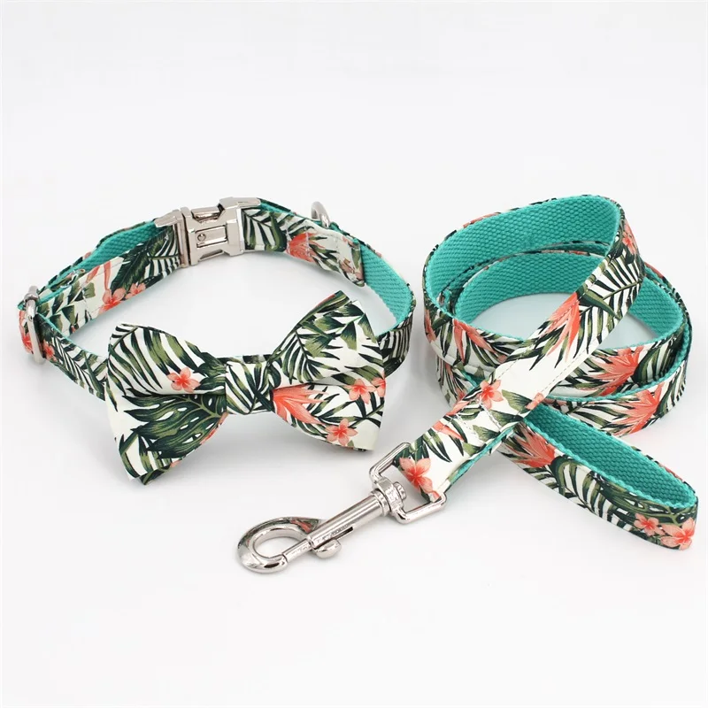 

Tropical Leaves Bow Tie Dog Collar , Personalized Engraved Dog Collar with All Metal Buckle