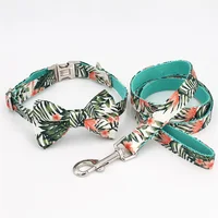 

Tropical Leaves Bow Tie Dog Collar , Personalized Engraved Dog Collar with All Metal Buckle