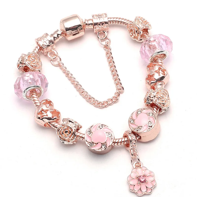 

DIY Jewelry Rose Gold Plating Love Heart Beaded Bracelet Pink Crystal Flower Charms Bracelet For Women