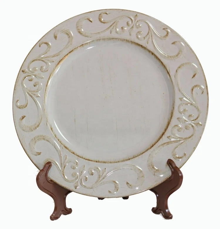 

Old antique Plastic PP material white acrylic wedding charger plates, Clear or color coating