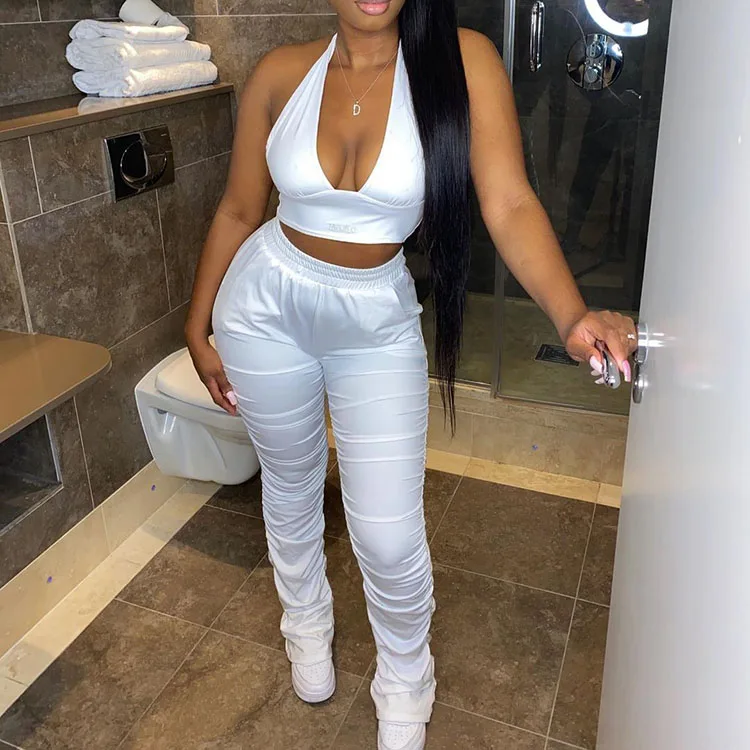 

New Arrivals 2021 Women Outfits Halter Female Crop Top And Trouser Tracksuit 2 Piece Set Woman Solid Stacked Pants, White,black