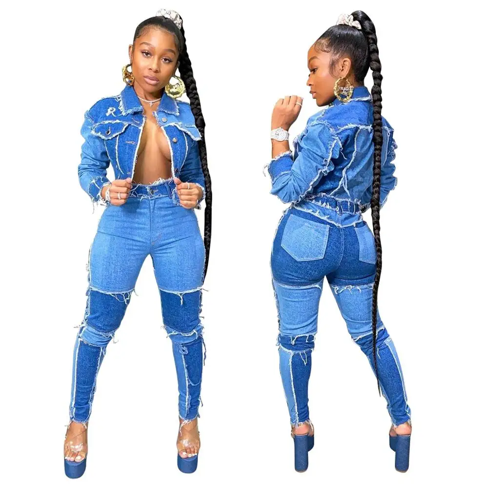 

Women sexy jeans denim ripped patchwork pants ladies short denim coat denim two piece set women, 2 colors