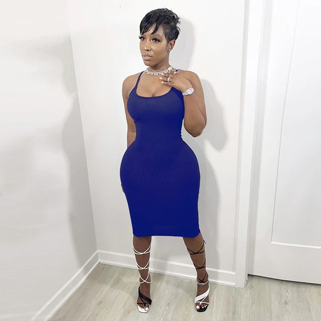 

Sexy Solid U Neck Sleeveless Spaghetti Strap Dresses Bodycon Summer Sleeveless Casual Dress -PT, Black,dark blue
