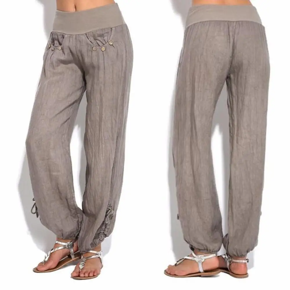 

Fashion Women Solid Buttons Cotton And Linen Casual Loose Trouser Wide Leg High Waist Joggers Pants Capris Good Fabric