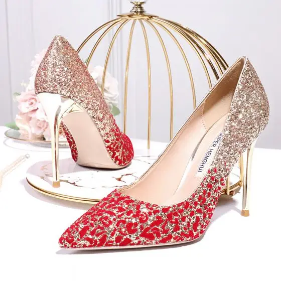 

New Sparkly Charming Gold Red Gradient-Color Wedding Shoes 2021, Red/gold