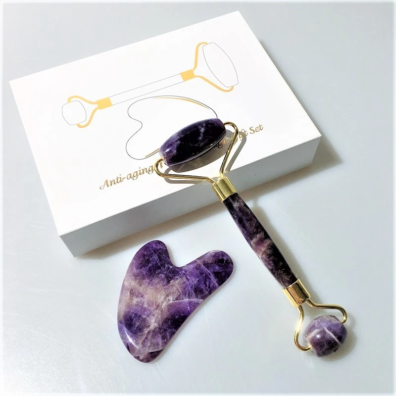 

High quality jade roller facial massager guasha set multicolor gem stones face beauty care amethyst roller, Purple roller gua sha set