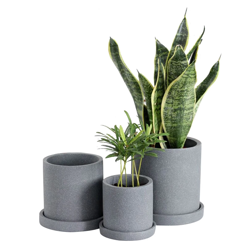 

Nordic simple style round shape cement flower pot with tray environmental friendly paint for home garden decor, Dark grey with white dots