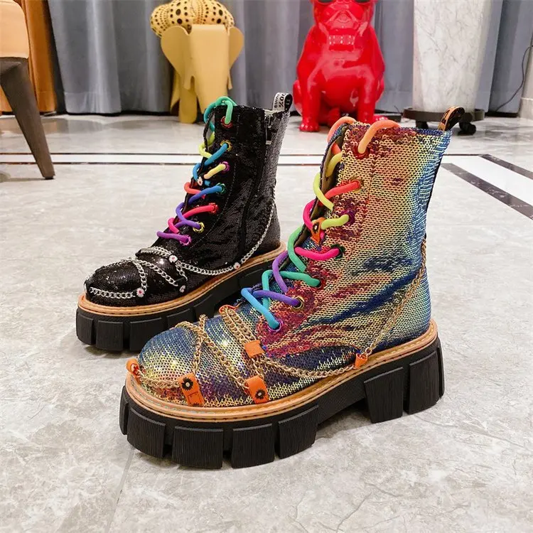 

Colorful sequins cross chain platform muffin Wedge Dr. Martens boots motorcycle boots ankle boots lace-up women's shoes fashion