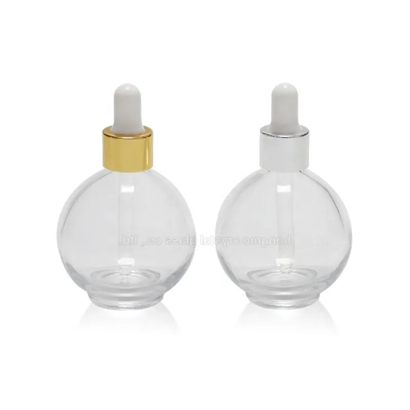 

Empty large size ball shape clear glass cosmetic clear 70ml 75ml essential oil bottle with silver dropper cap white rubber top