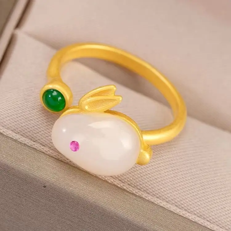 

Anillo De Conejo Hetian Jade Hare Ring Brass Women Gold-Plated Inlaid Jade Rabbit Ring