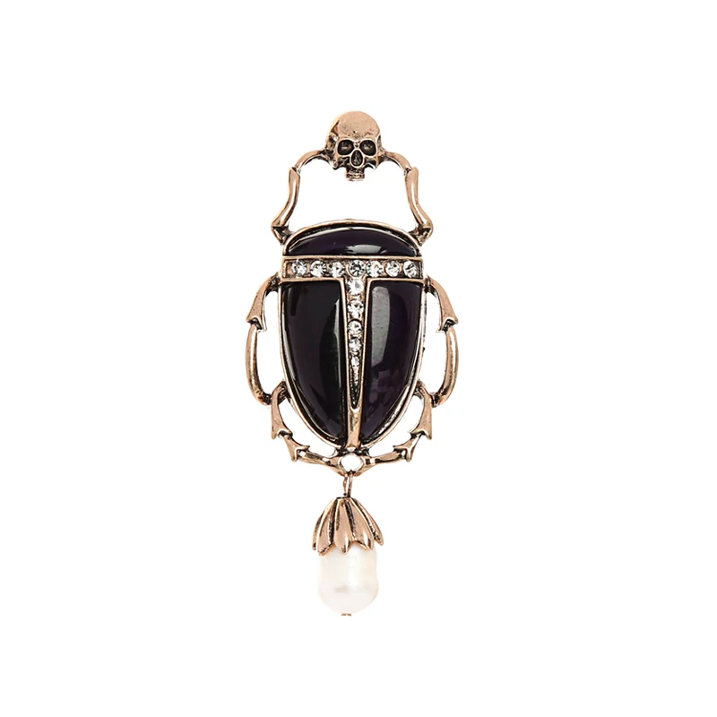 

t912328 New Design Vintage Gold Skull Purple Beetle Insect Resin Crystal Freshwater Pearl Dangle Statement Brooch