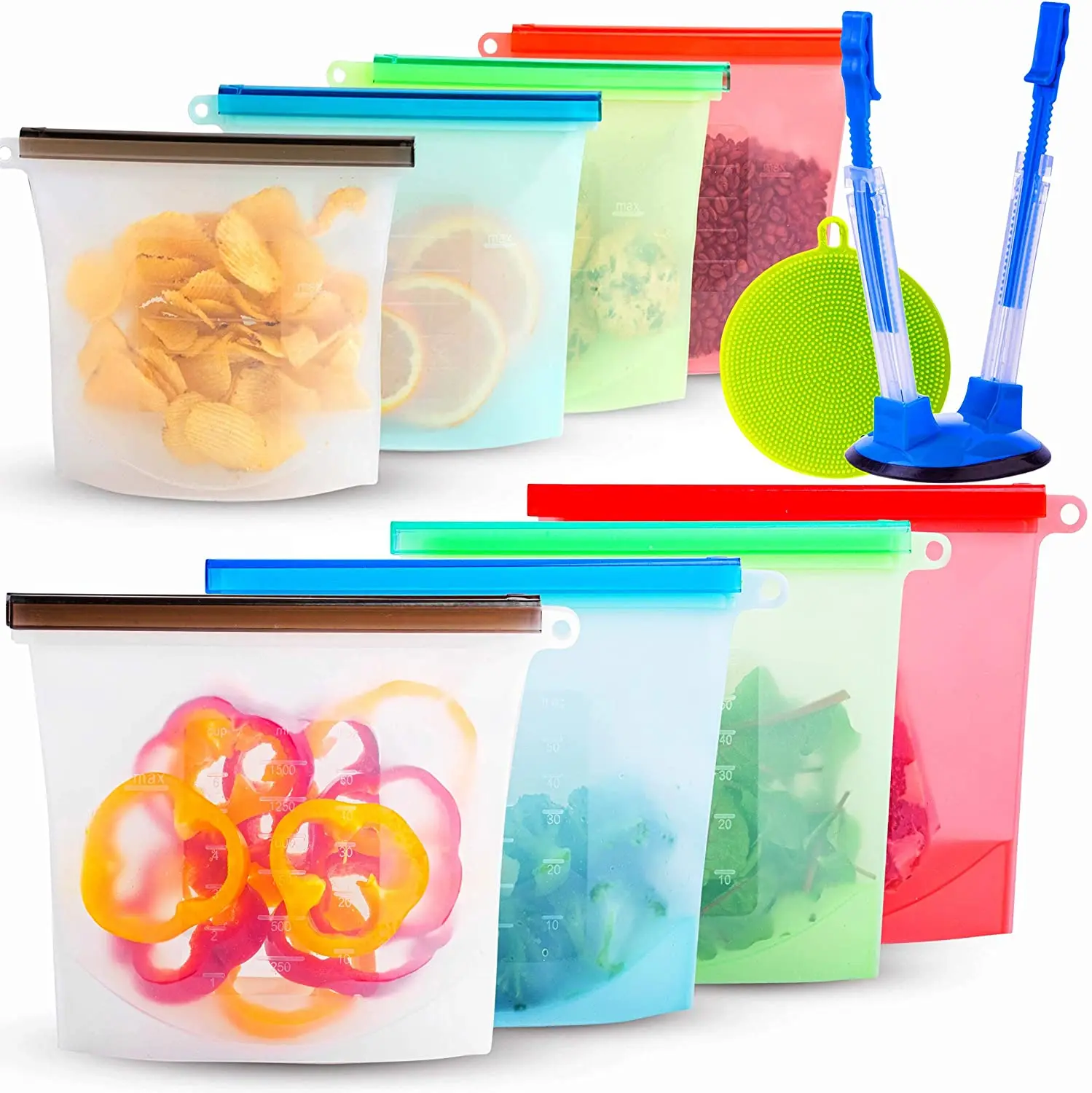 

Dishwasher and Microwave Safe Airtight Easy Seal Leakproof with Silicone Dish Scrubber Reusable Silicone Food Storage Bag