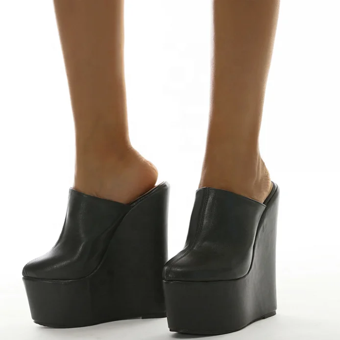 

2020 New Solid Handmade Slip-on Platform Women's Sandals Wedge shoes Home Outdoor Slippers Round Closed Toe Height Increasing, Black