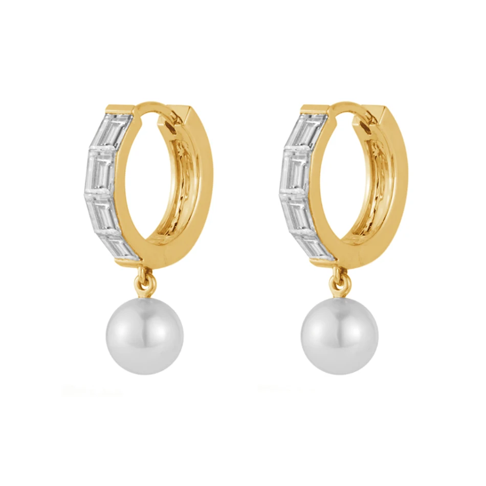 

minimalist 925 sterling silver earrings 18k gold plated white pearl and diamond huggie hoop earrings