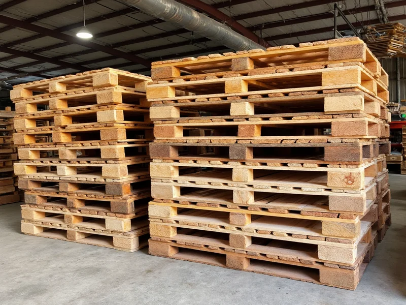 Reclaimed wood pallets stacked in craft warehouse