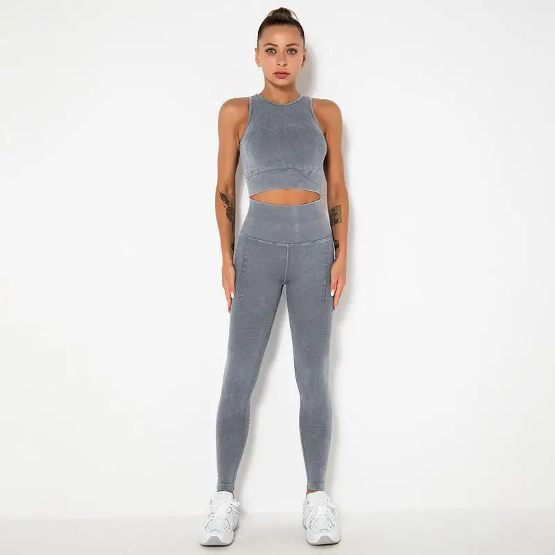 

Women High Collar Yoga Washed Brushed Bra Short Crop Tank Tops and High Waist Leggings Set Fitness Wear Gym Fitness Accept OEM, Multi color optional