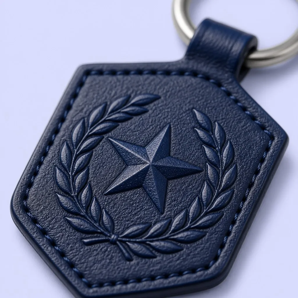 Custom navy shield-shaped leather keychain with star and laurel emblem, view 4
