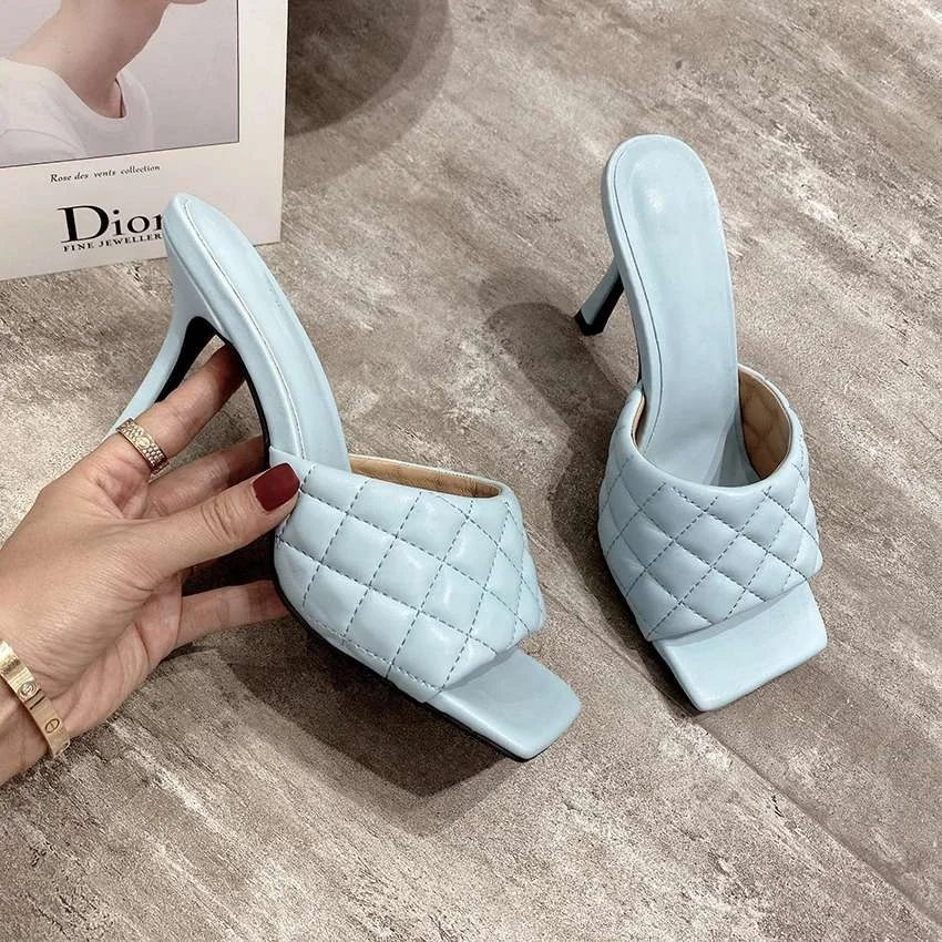 

Summer Women Mules Design slippers Sandals Square sole slides High heel 9CM Women shoes Summer Women's slippers size 41 42 43