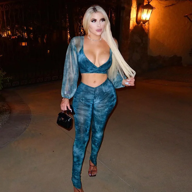 

S73044 - fashion casual long sleeve mesh v-neck tie dye printed mesh women 2 piece pants sets