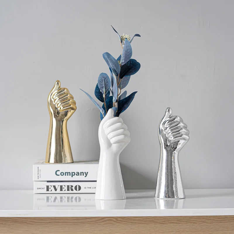 

Nordic Golden Ceramic Vase Hand Statue Flower Vase Home Decoration Flower Pot Floral Composition Christmas Living Room Ornaments, White, golden, silver or any pms colour is accepted
