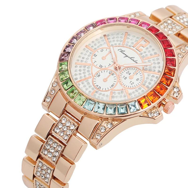 

New leisure fashion steel band diamond inlaid hip hop watches men wrist color diamond three eye calendar quartz watch sb08