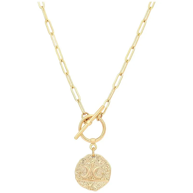 

18K Gold Moon Star Lion Pendant Necklace Medallion Oval Link Chain Choker Layering Jewelry for Women Girls