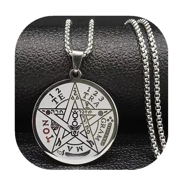 Wholesale 35mm Gold Silver Round Shaped with Chains Stainless Steel Witch Runes Pentagram Pendants for Gift