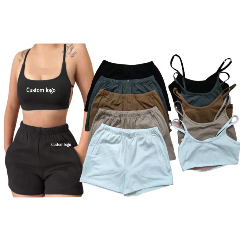 

Summer Custom Two Piece Cotton Jersey Fabric Backless Tube Crop Top And Shorts Set For Women, Picture