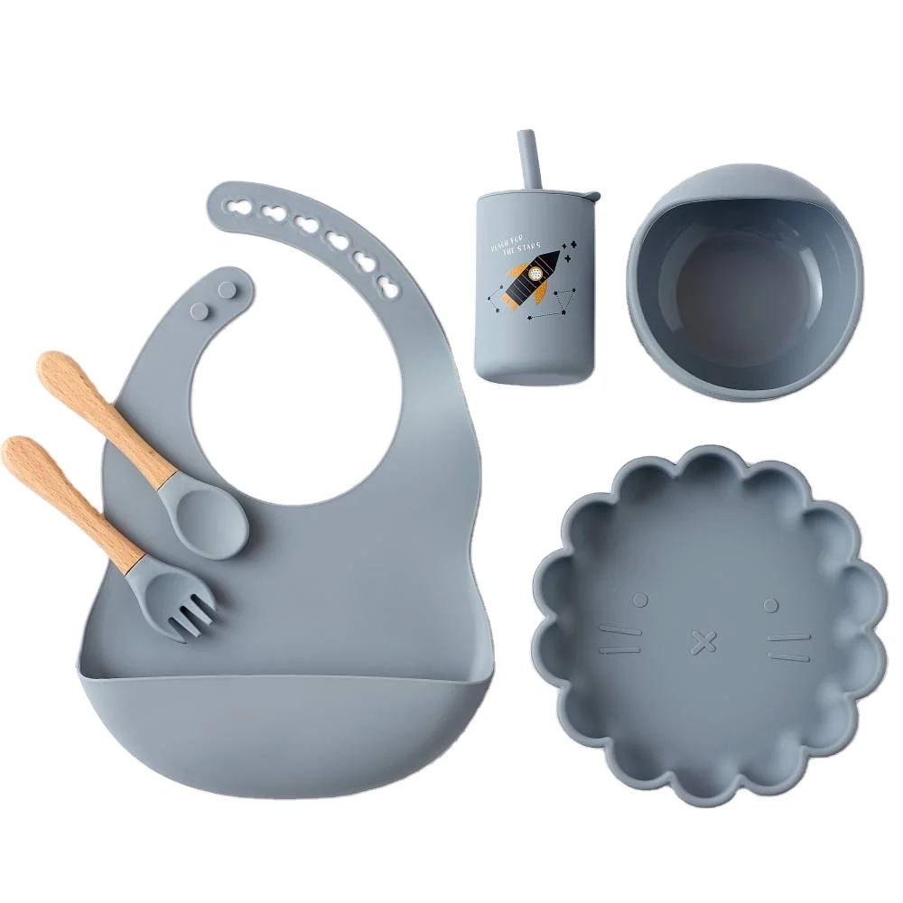 

Tableware Baby Silicone Dish Spoon Set Silica GelBaby Feeding Floral Plate Bib Bowl Spoon Printed Straw Cup, More than 10 colors available