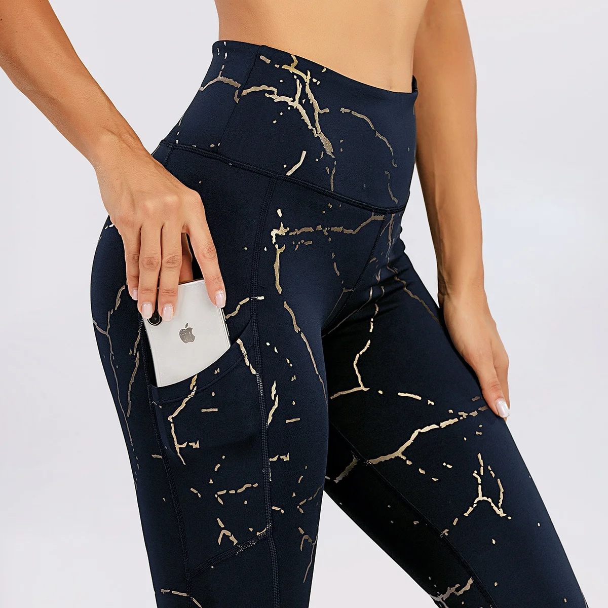 

High Quality High Waisted Sportswear Golden Printed Moisture Wicking Butt Lift Yoga Pants Fitness Embossed Leggings with Pockets, Customized colors